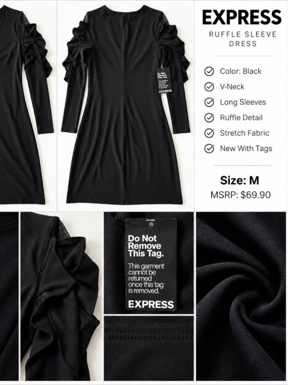 Express Dress Medium Black Autumn Wedding Guest Homecoming HoCo NWT Ruffles